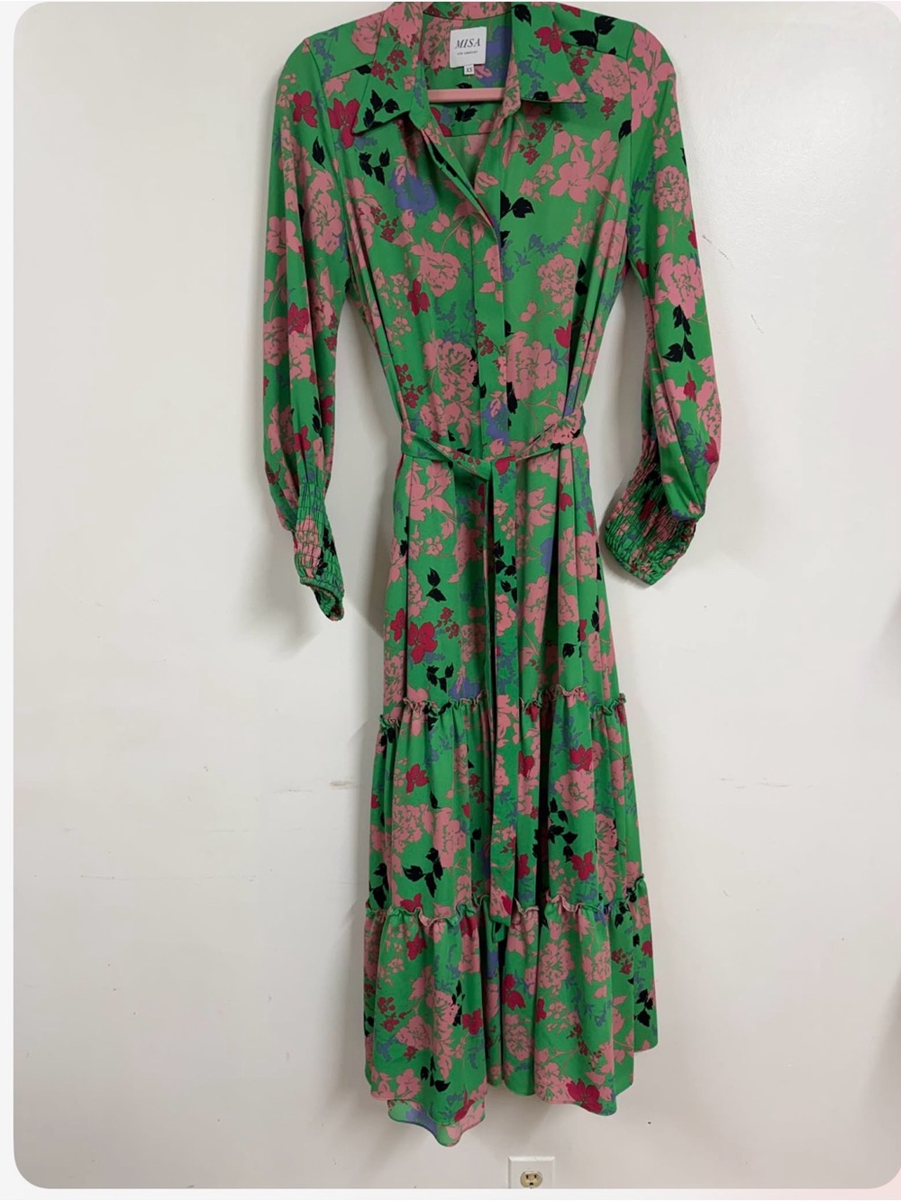 Misa Los Angeles Green Floral Maxi Dress with Pink Bloom Print.  H - Picture 3 of 6